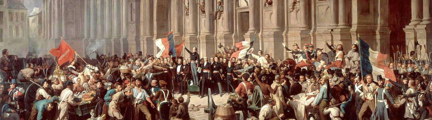 Lamartine in front of the Hôtel de Ville (i.e. City Hall), Paris, on 25 february 1848, refusing the red flag. - painting by Félix Philippoteaux credited to the web site of the Académie of Strasbourg.